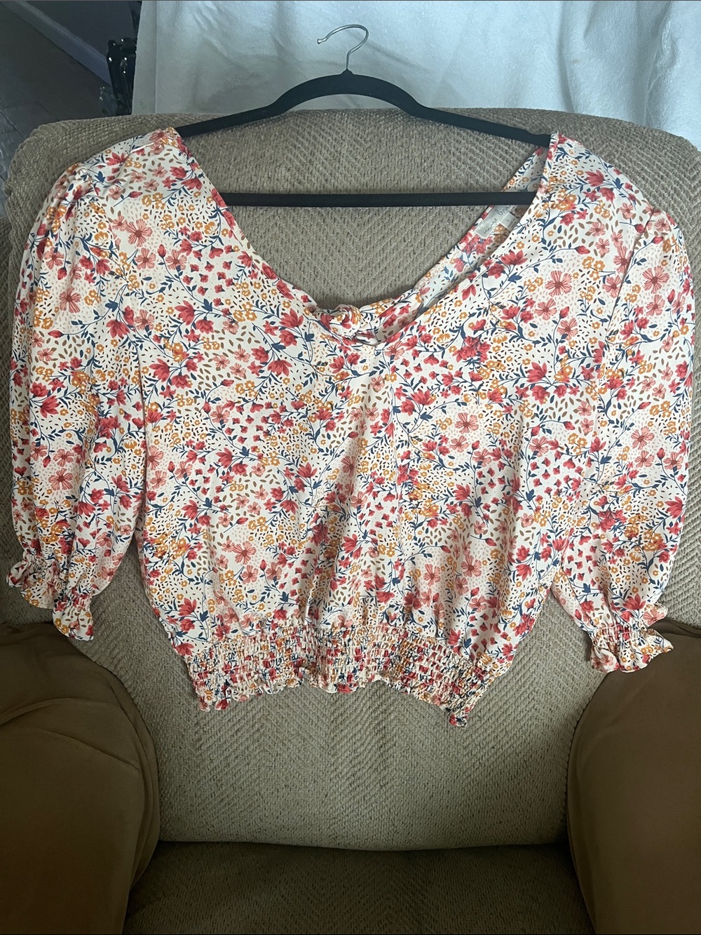 nine britton Floral Puff-Sleeve Cropped Top - White, Coral, Yellow